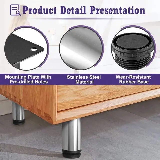 Alt view image 3 of 7 - 2.5 Inch Metal Furniture Legs - Stainless Steel, Adjustable, Silver, Round, Cabinet Legs for Coffee Table, Cabinet, Desk, Sofa, Shelves - Pack of 8