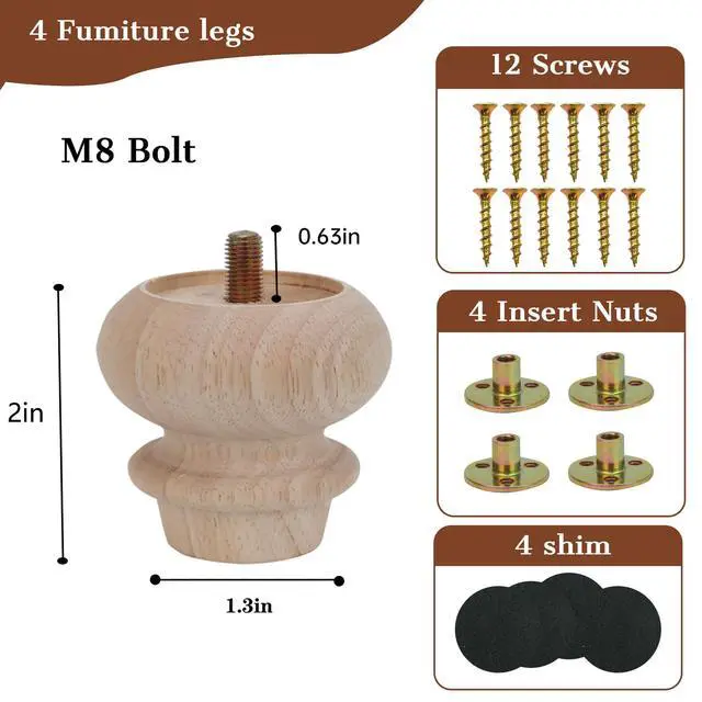 Alt view image 2 of 7 - 2 Inch Wooden Unfinished Bun Feet for Furniture Legs Set of 4