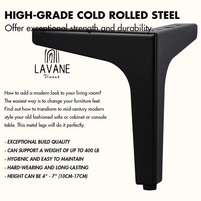Alt view image 3 of 7 - 4 Inch Metal Furniture Legs, Set of 4 - Modern Diamond Triangle Black DIY Replacement Feet Corner Legs for Cabinet, Sofa, Sideboard, Couch, Dresser Makeover