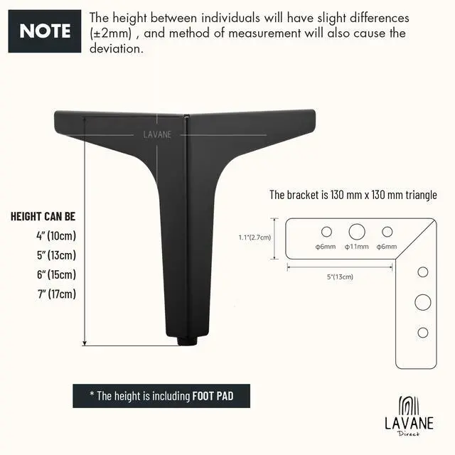 Alt view image 5 of 7 - 4 Inch Metal Furniture Legs, Set of 4 - Modern Diamond Triangle Black DIY Replacement Feet Corner Legs for Cabinet, Sofa, Sideboard, Couch, Dresser Makeover
