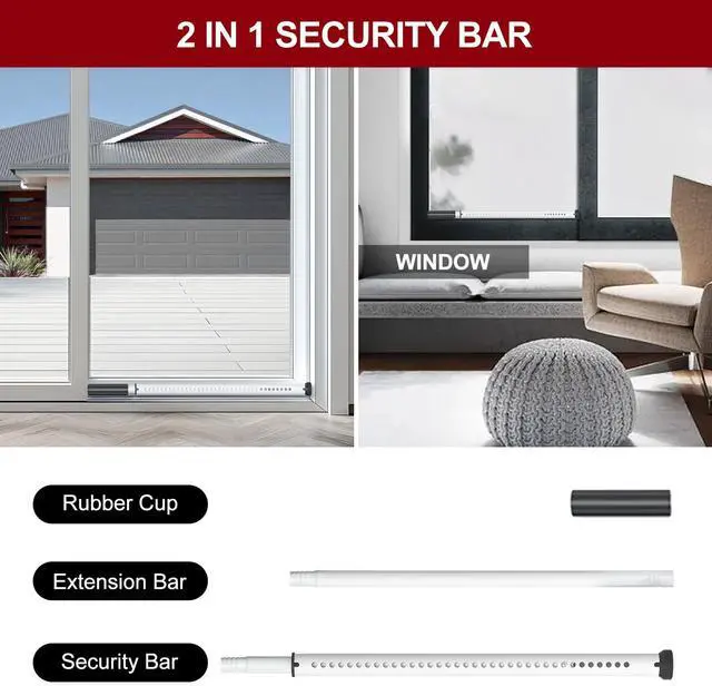 Alt view image 2 of 7 - 1 Pack Sliding Door Security Bar, Patio Door Lock, 20-50 in | Sliding Glass Door Security Bar for Patio Door, Window Security and Door Stopper Protection