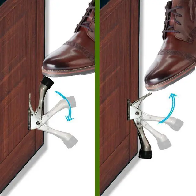 Alt view image 2 of 7 - One Touch Kickdown Door Stopper, Door Holder, Heavy Duty Door Stops, Bottom of Door, Height-Adjustable Rubber Tips by (Satin Nickel 4 inch x 2pack)