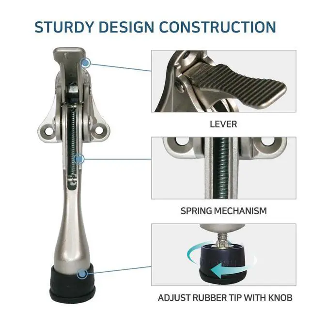 Alt view image 5 of 7 - One Touch Kickdown Door Stopper, Door Holder, Heavy Duty Door Stops, Bottom of Door, Height-Adjustable Rubber Tips by (Satin Nickel 4 inch x 2pack)