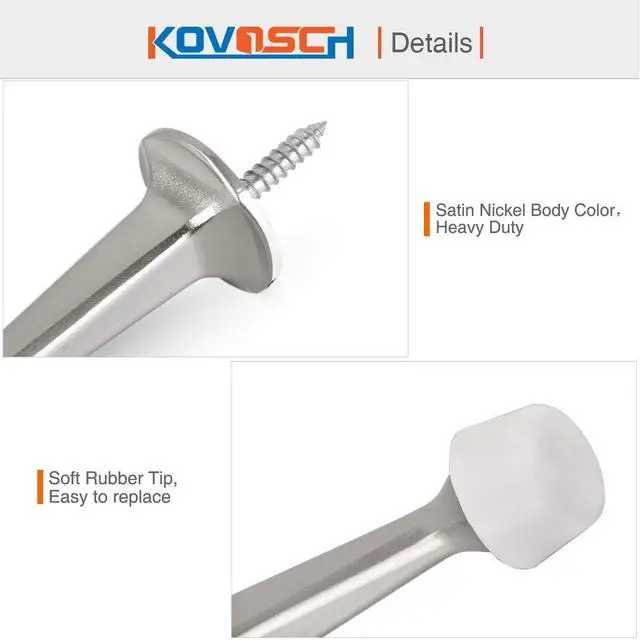 Alt view image 4 of 6 - 2 Pack Solid Rigid Door Stops - Heavy Duty Door Stoppers Wall Protector with Soft Rubber Tips, Satin Nickel