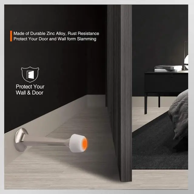 Alt view image 5 of 6 - 2 Pack Solid Rigid Door Stops - Heavy Duty Door Stoppers Wall Protector with Soft Rubber Tips, Satin Nickel