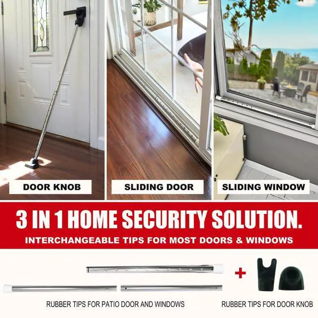 Alt view image 2 of 7 - 3-in-1 Door Security Bar, Security Door Stoppers & Door Barricade Heavy Duty Adjustable Iron Security Lock Bar for Home Defense, Apartment & Travel Safety (1 Pack - Chrome)