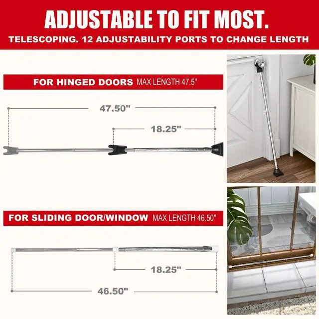 Alt view image 3 of 7 - 3-in-1 Door Security Bar, Security Door Stoppers & Door Barricade Heavy Duty Adjustable Iron Security Lock Bar for Home Defense, Apartment & Travel Safety (1 Pack - Chrome)