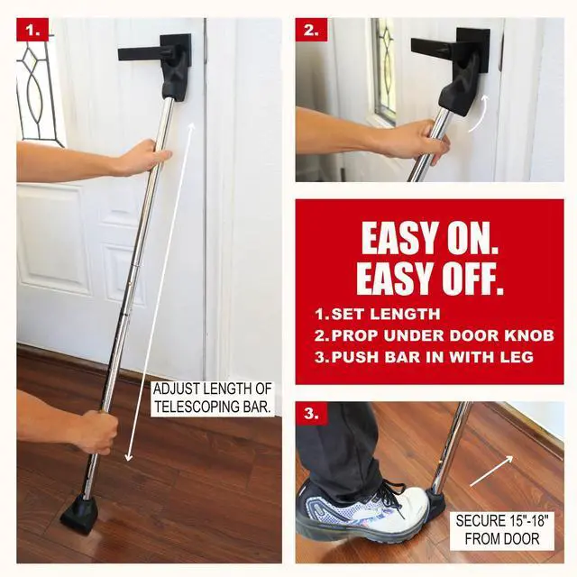 Alt view image 5 of 7 - 3-in-1 Door Security Bar, Security Door Stoppers & Door Barricade Heavy Duty Adjustable Iron Security Lock Bar for Home Defense, Apartment & Travel Safety (1 Pack - Chrome)