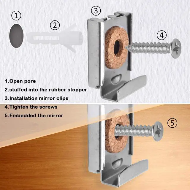 Alt view image 2 of 7 - Mirror Hanger Clips Set, 4Sets (16 Pieces) Unframed Mirror Mount Clips, Metal Spring Loaded Mirror Hanger Clips with Screws and Rawl Plugs