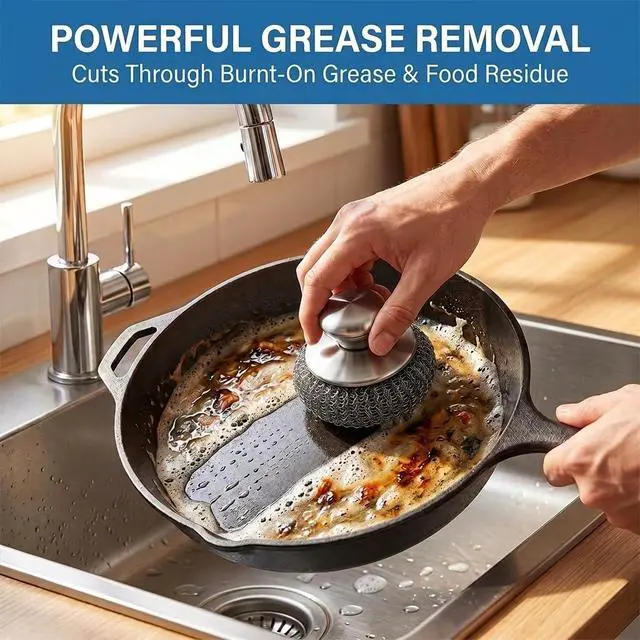 Alt view image 3 of 7 - Steel Wool Scrubber with Handle & Scraper | 8 Piece Stainless Steel Cast Iron Cleaner Kit for Kitchen Pots, Pans, Grill, Griddle, Sink, Dishes, Cast Iron, Stock Pots