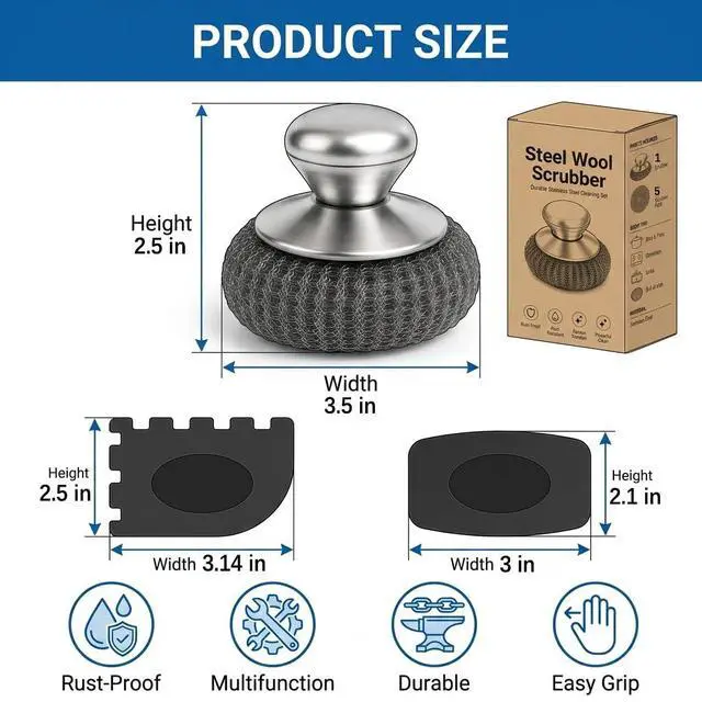 Alt view image 2 of 7 - Steel Wool Scrubber with Handle & Scraper | 8 Piece Stainless Steel Cast Iron Cleaner Kit for Kitchen Pots, Pans, Grill, Griddle, Sink, Dishes, Cast Iron, Stock Pots