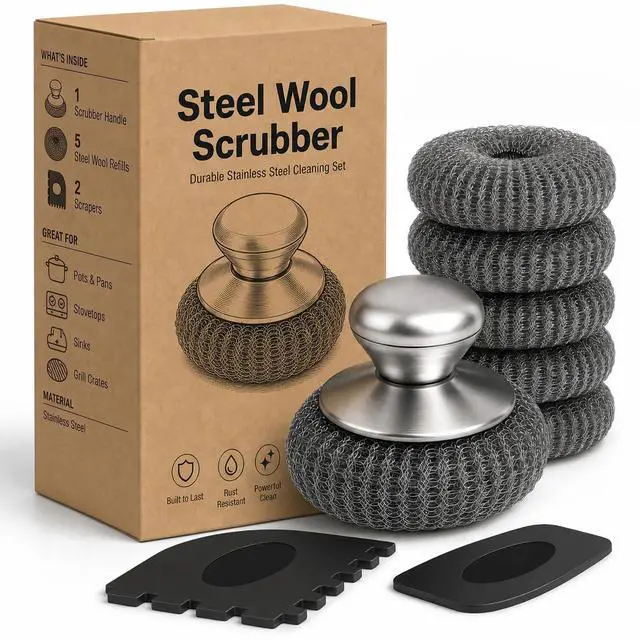 Main image of Steel Wool Scrubber with Handle & Scraper | 8 Piece Stainless Steel Cast Iron Cleaner Kit for Kitchen Pots, Pans, Grill, Griddle, Sink, Dishes, Cast Iron, Stock Pots