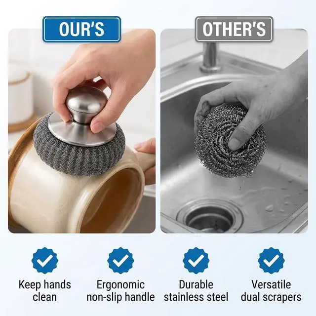Alt view image 4 of 7 - Steel Wool Scrubber with Handle & Scraper | 8 Piece Stainless Steel Cast Iron Cleaner Kit for Kitchen Pots, Pans, Grill, Griddle, Sink, Dishes, Cast Iron, Stock Pots