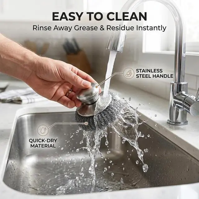 Alt view image 5 of 7 - Steel Wool Scrubber with Handle & Scraper | 8 Piece Stainless Steel Cast Iron Cleaner Kit for Kitchen Pots, Pans, Grill, Griddle, Sink, Dishes, Cast Iron, Stock Pots