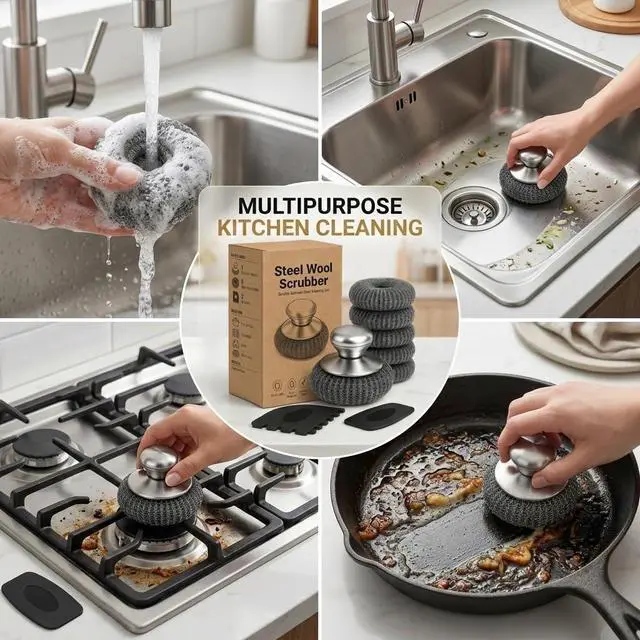 Alt view image 7 of 7 - Steel Wool Scrubber with Handle & Scraper | 8 Piece Stainless Steel Cast Iron Cleaner Kit for Kitchen Pots, Pans, Grill, Griddle, Sink, Dishes, Cast Iron, Stock Pots