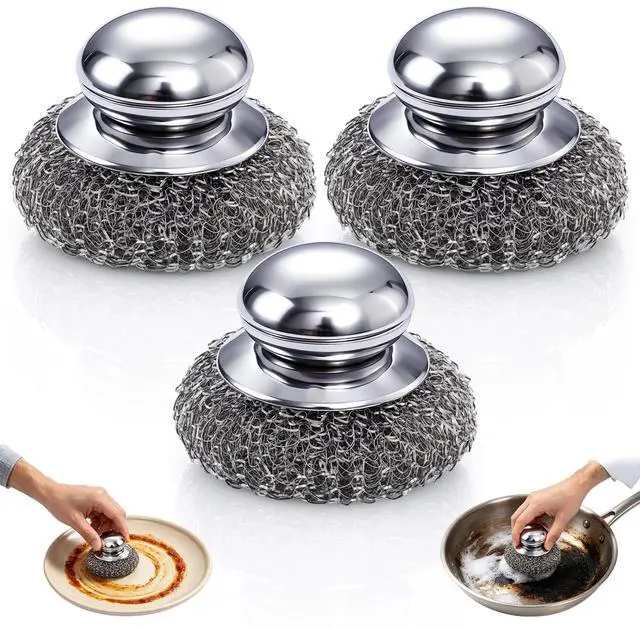 Main image of 3Pcs Steel Wool Scrubber with Handle,Stainless Scrubber Set for Cleaning Dishes Stoves Pots