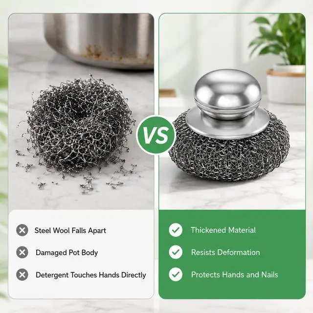 Alt view image 3 of 7 - 3Pcs Steel Wool Scrubber with Handle,Stainless Scrubber Set for Cleaning Dishes Stoves Pots