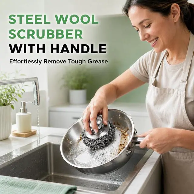 Alt view image 2 of 7 - 3Pcs Steel Wool Scrubber with Handle,Stainless Scrubber Set for Cleaning Dishes Stoves Pots