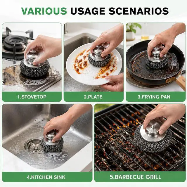 Alt view image 4 of 7 - 3Pcs Steel Wool Scrubber with Handle,Stainless Scrubber Set for Cleaning Dishes Stoves Pots