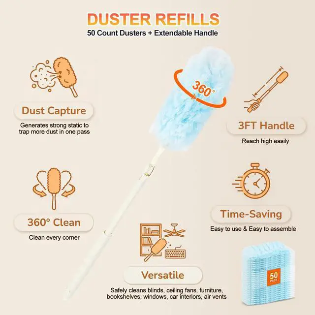 Alt view image 2 of 7 - 50 Count Heavy Duty Duster Refills for Swiffer Duster, Multisurface 360 Dusters Replacements with 3 ft Extended Handle, Unscented Disposable Dusters for Cleaning Home, Blinds, Ceiling Fans, Furniture