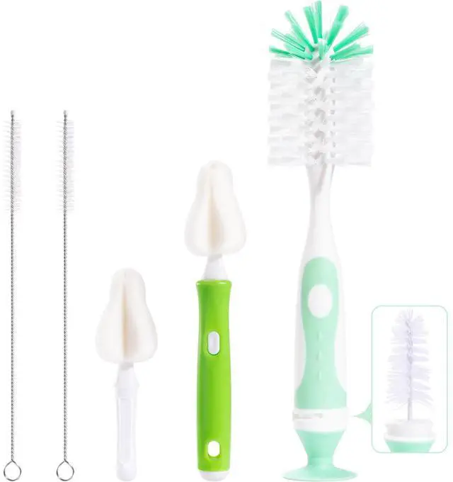 Main image of Baby Bottle Brush with One Base Hidden Nylon Nipple Cleaner, Stand Suction Cup,2 Pack Straw Brushes,1 Pack Sponge Nipple,1 Piece Replacement Head, Green
