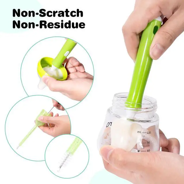 Alt view image 2 of 7 - Baby Bottle Brush with One Base Hidden Nylon Nipple Cleaner, Stand Suction Cup,2 Pack Straw Brushes,1 Pack Sponge Nipple,1 Piece Replacement Head, Green