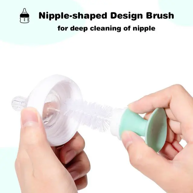 Alt view image 4 of 7 - Baby Bottle Brush with One Base Hidden Nylon Nipple Cleaner, Stand Suction Cup,2 Pack Straw Brushes,1 Pack Sponge Nipple,1 Piece Replacement Head, Green