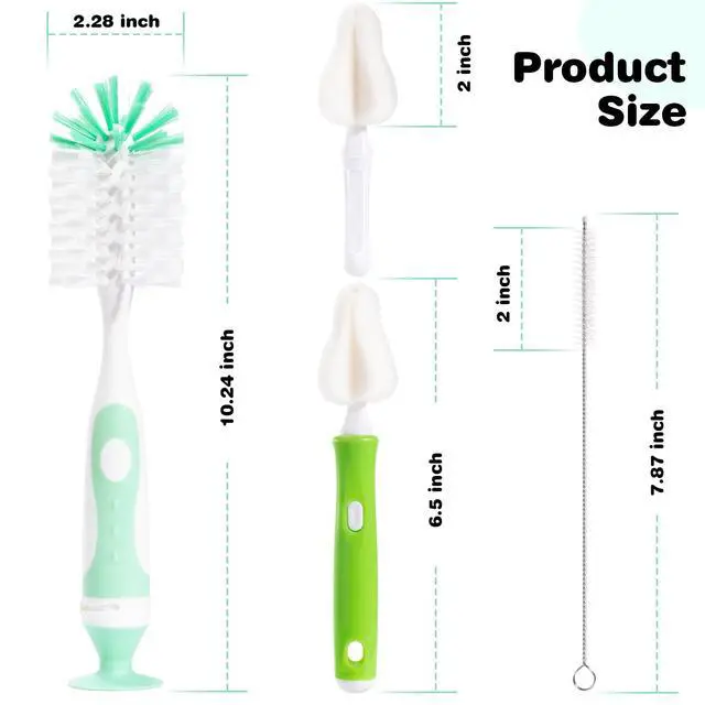 Alt view image 6 of 7 - Baby Bottle Brush with One Base Hidden Nylon Nipple Cleaner, Stand Suction Cup,2 Pack Straw Brushes,1 Pack Sponge Nipple,1 Piece Replacement Head, Green
