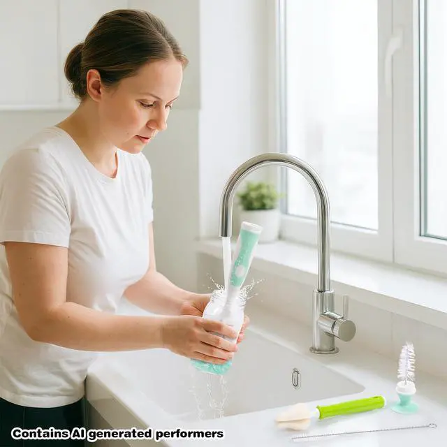 Alt view image 7 of 7 - Baby Bottle Brush with One Base Hidden Nylon Nipple Cleaner, Stand Suction Cup,2 Pack Straw Brushes,1 Pack Sponge Nipple,1 Piece Replacement Head, Green