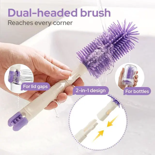Alt view image 3 of 7 - 7-in-1 Baby Bottle Brush Set, BPA Free Silicone Baby Bottle Cleaning Kit with No Scratch Dual-Headed Brush, Nipple Brushes,Soap Dispenser & Drying Rack,Travel Cleaner with Storage Case,Purple