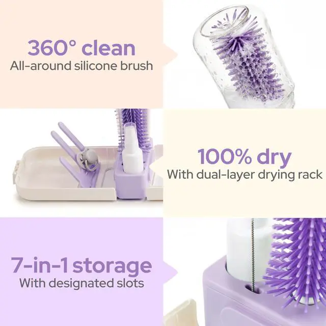 Alt view image 4 of 7 - 7-in-1 Baby Bottle Brush Set, BPA Free Silicone Baby Bottle Cleaning Kit with No Scratch Dual-Headed Brush, Nipple Brushes,Soap Dispenser & Drying Rack,Travel Cleaner with Storage Case,Purple