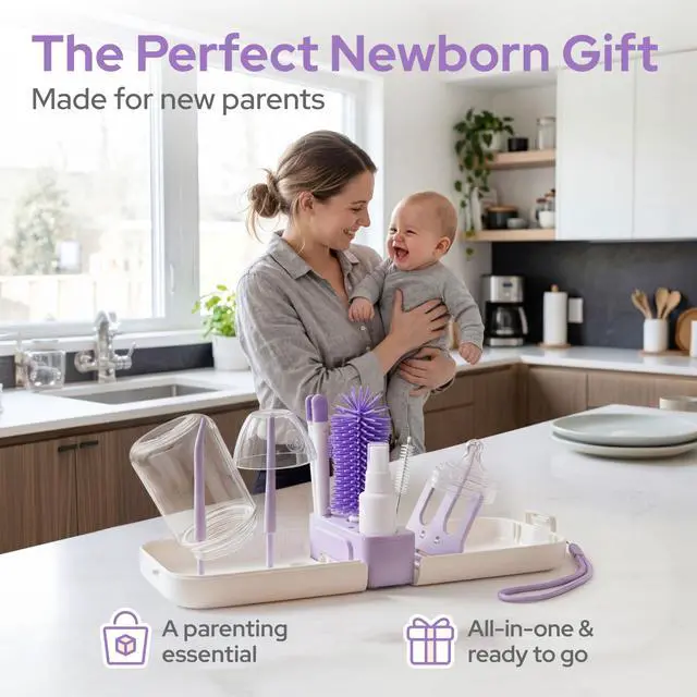 Alt view image 7 of 7 - 7-in-1 Baby Bottle Brush Set, BPA Free Silicone Baby Bottle Cleaning Kit with No Scratch Dual-Headed Brush, Nipple Brushes,Soap Dispenser & Drying Rack,Travel Cleaner with Storage Case,Purple