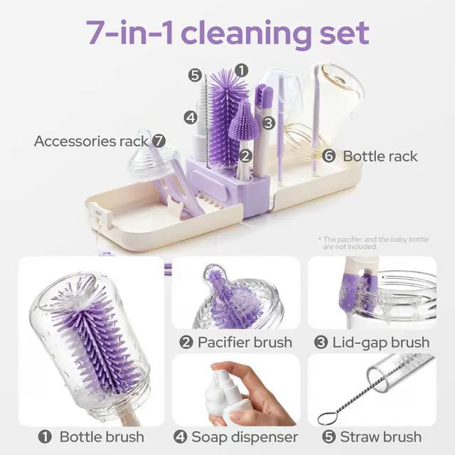 Alt view image 5 of 7 - 7-in-1 Baby Bottle Brush Set, BPA Free Silicone Baby Bottle Cleaning Kit with No Scratch Dual-Headed Brush, Nipple Brushes,Soap Dispenser & Drying Rack,Travel Cleaner with Storage Case,Purple