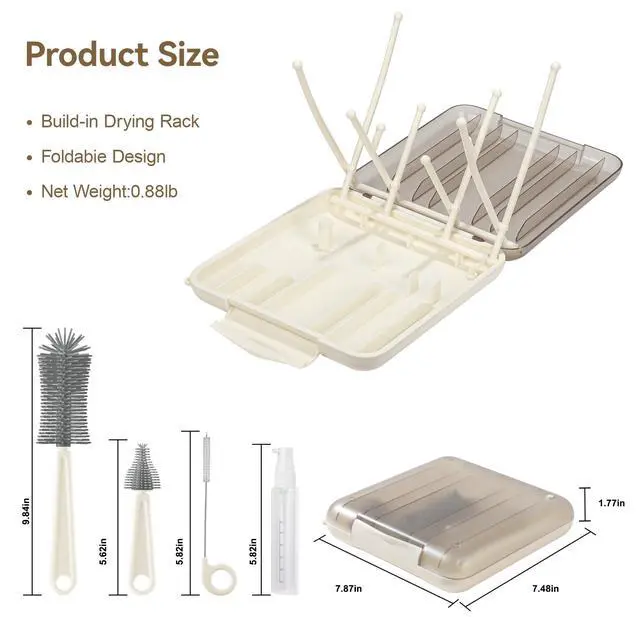 Alt view image 2 of 6 - Baby Bottle Cleaning Kit, 6-in-1 Bottle Brush Set with Nipple Brush, Straw Cleaner, Drying Rack and Travel Storage Case