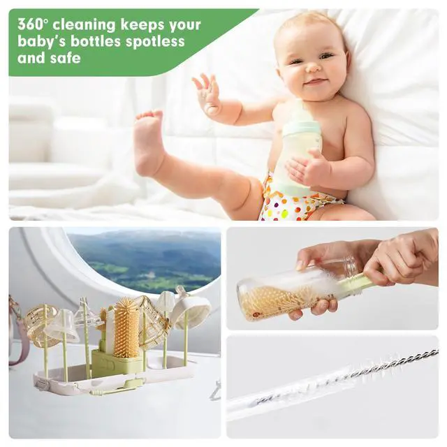 Alt view image 2 of 7 - Baby Bottle Brush Set - Baby Bottle Cleaner Kit with Nipple Brush, Silicone Bottle Brush, Straw Cleaner Brush, Soap Dispenser, Bottle Drying Rack - 7 in 1 Bottle Cleaning Tool Set for Home and Travel