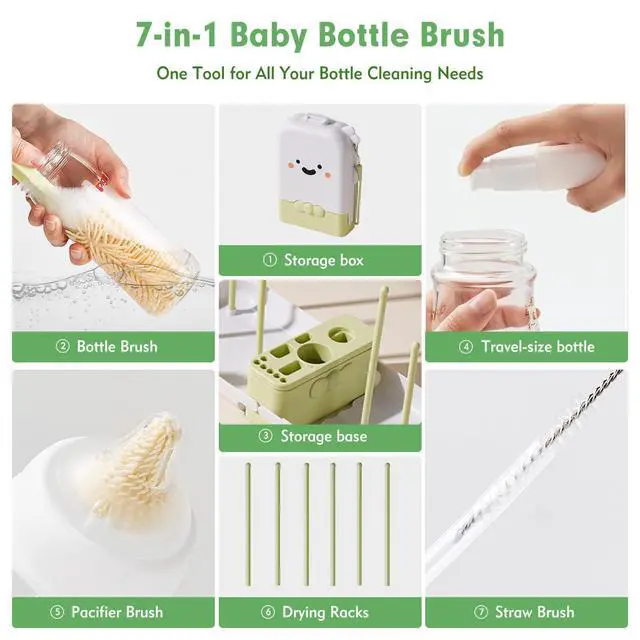 Alt view image 7 of 7 - Baby Bottle Brush Set - Baby Bottle Cleaner Kit with Nipple Brush, Silicone Bottle Brush, Straw Cleaner Brush, Soap Dispenser, Bottle Drying Rack - 7 in 1 Bottle Cleaning Tool Set for Home and Travel