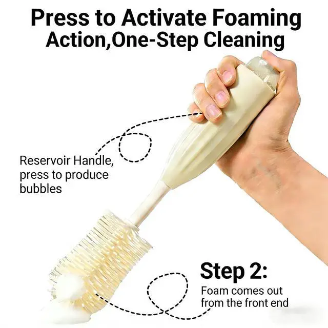 Alt view image 2 of 7 - Baby Bottle Brush Kit with Push-Press Bubble and Drying Rack for Bottle Cleaning, Bendable Bottle Cleaner Brush for Baby Bottles, Breast Pumps, Nipples, Straws and More. Perfect for Home&Travel (Pink)
