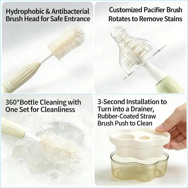 Alt view image 3 of 7 - Baby Bottle Brush Kit with Push-Press Bubble and Drying Rack for Bottle Cleaning, Bendable Bottle Cleaner Brush for Baby Bottles, Breast Pumps, Nipples, Straws and More. Perfect for Home&Travel (Pink)