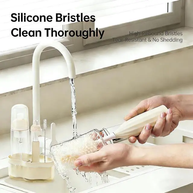 Alt view image 4 of 7 - Baby Bottle Brush Kit with Push-Press Bubble and Drying Rack for Bottle Cleaning, Bendable Bottle Cleaner Brush for Baby Bottles, Breast Pumps, Nipples, Straws and More. Perfect for Home&Travel (Pink)