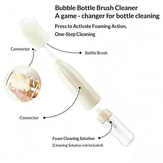 Alt view image 5 of 7 - Baby Bottle Brush Kit with Push-Press Bubble and Drying Rack for Bottle Cleaning, Bendable Bottle Cleaner Brush for Baby Bottles, Breast Pumps, Nipples, Straws and More. Perfect for Home&Travel (Pink)