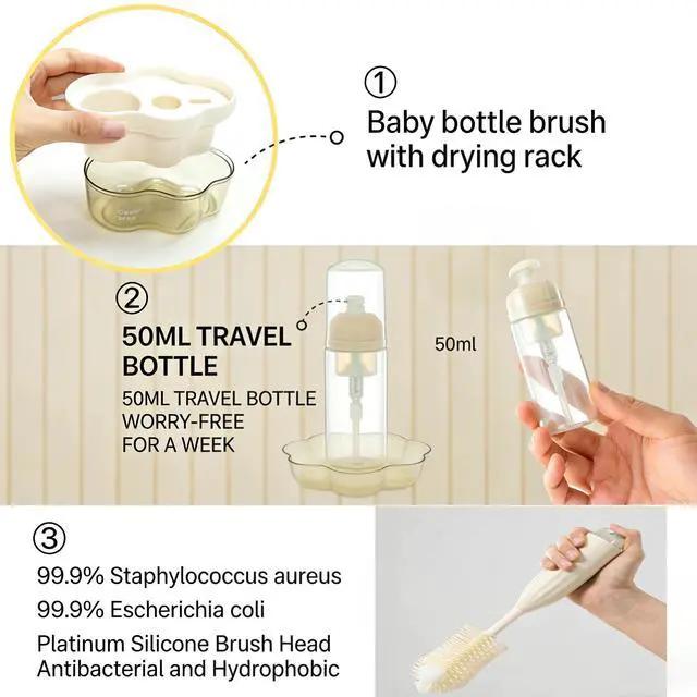 Alt view image 6 of 7 - Baby Bottle Brush Kit with Push-Press Bubble and Drying Rack for Bottle Cleaning, Bendable Bottle Cleaner Brush for Baby Bottles, Breast Pumps, Nipples, Straws and More. Perfect for Home&Travel (Pink)