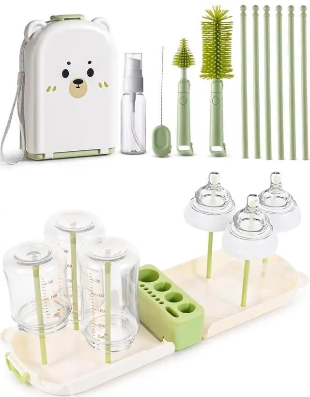 Main image of Travel Bottle Cleaner kit, 7in1 Baby Toddler Travel Essential Silicone Bottle Brush Set, Nipple, Drying Rack, Straw, & Breast Pump Cleaning, Soap Dispenser & Organizer Case, Gift Mom