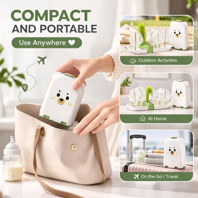 Alt view image 3 of 7 - Travel Bottle Cleaner kit, 7in1 Baby Toddler Travel Essential Silicone Bottle Brush Set, Nipple, Drying Rack, Straw, & Breast Pump Cleaning, Soap Dispenser & Organizer Case, Gift Mom