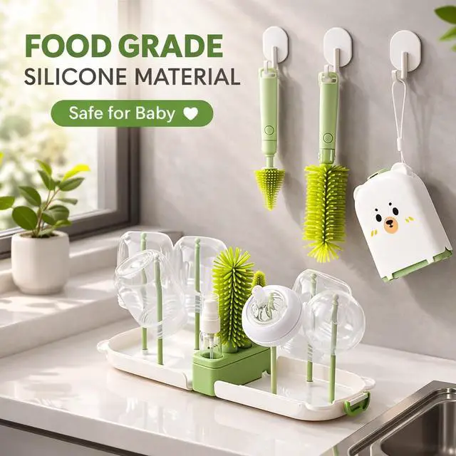 Alt view image 2 of 7 - Travel Bottle Cleaner kit, 7in1 Baby Toddler Travel Essential Silicone Bottle Brush Set, Nipple, Drying Rack, Straw, & Breast Pump Cleaning, Soap Dispenser & Organizer Case, Gift Mom