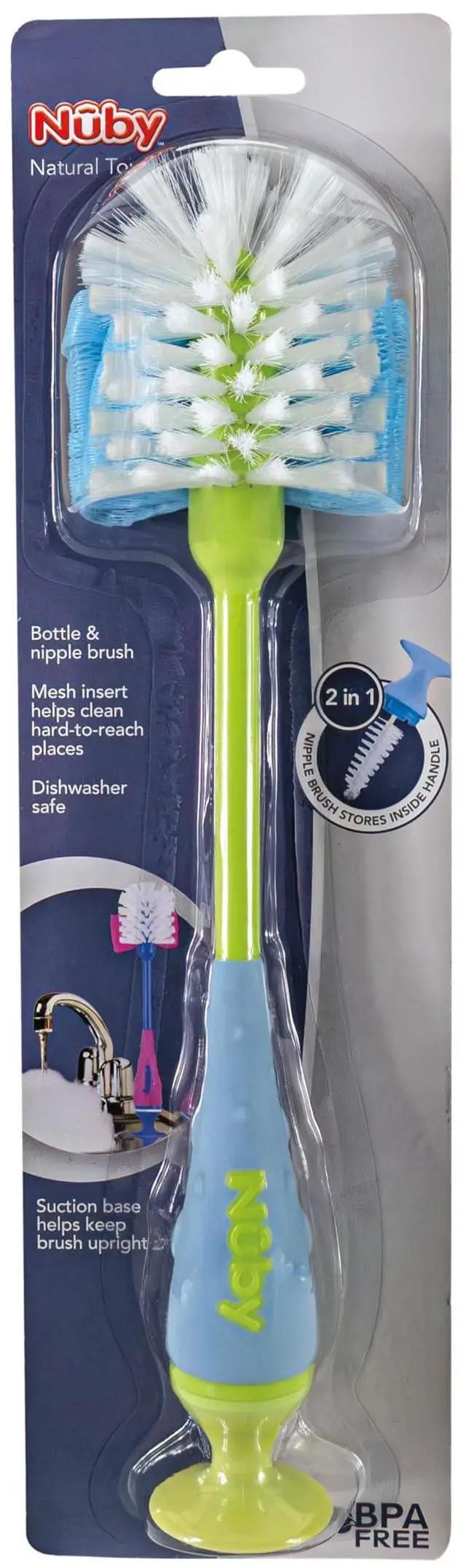 Main image of 2-in-1 Baby Bottle Brush with Stand - Soft Nylon Bristles - Dishwasher Safe - Bottle and Nipple Cleaning Tool - Blue/Green