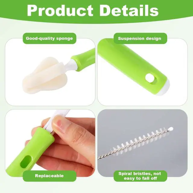 Alt view image 3 of 7 - 12pcs Sponge Nipple Bottle Brushes Set, Includes Bottle Nipple Cleaners with Replacement Brush Heads & Straw Brushes for Cleaning Baby Food Feeders Cups Straws