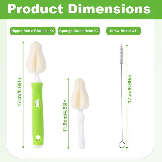 Alt view image 2 of 7 - 12pcs Sponge Nipple Bottle Brushes Set, Includes Bottle Nipple Cleaners with Replacement Brush Heads & Straw Brushes for Cleaning Baby Food Feeders Cups Straws