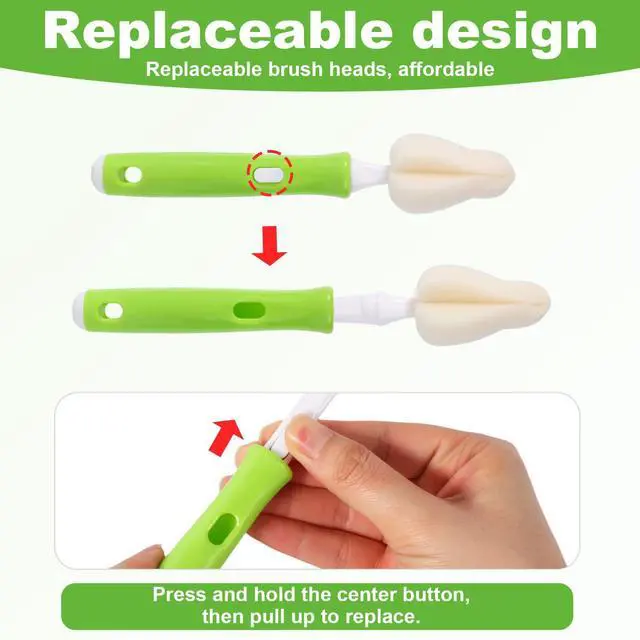 Alt view image 4 of 7 - 12pcs Sponge Nipple Bottle Brushes Set, Includes Bottle Nipple Cleaners with Replacement Brush Heads & Straw Brushes for Cleaning Baby Food Feeders Cups Straws