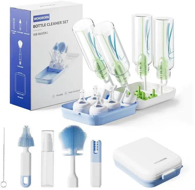 Main image of Bottle Brush Set, 9-in-1 Bottle Cleaner Kit, Includes Bent Neck Bottle Brush, Nipple Cleaning Brush, Straw Brush, Soap Dispenser, Pry Tool, Storage Case & Drying Rack, Baby Travel Essentials