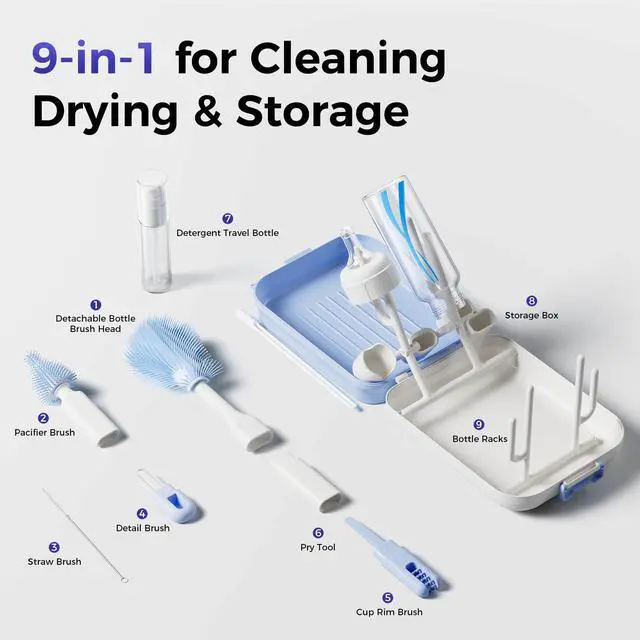 Alt view image 2 of 7 - Bottle Brush Set, 9-in-1 Bottle Cleaner Kit, Includes Bent Neck Bottle Brush, Nipple Cleaning Brush, Straw Brush, Soap Dispenser, Pry Tool, Storage Case & Drying Rack, Baby Travel Essentials